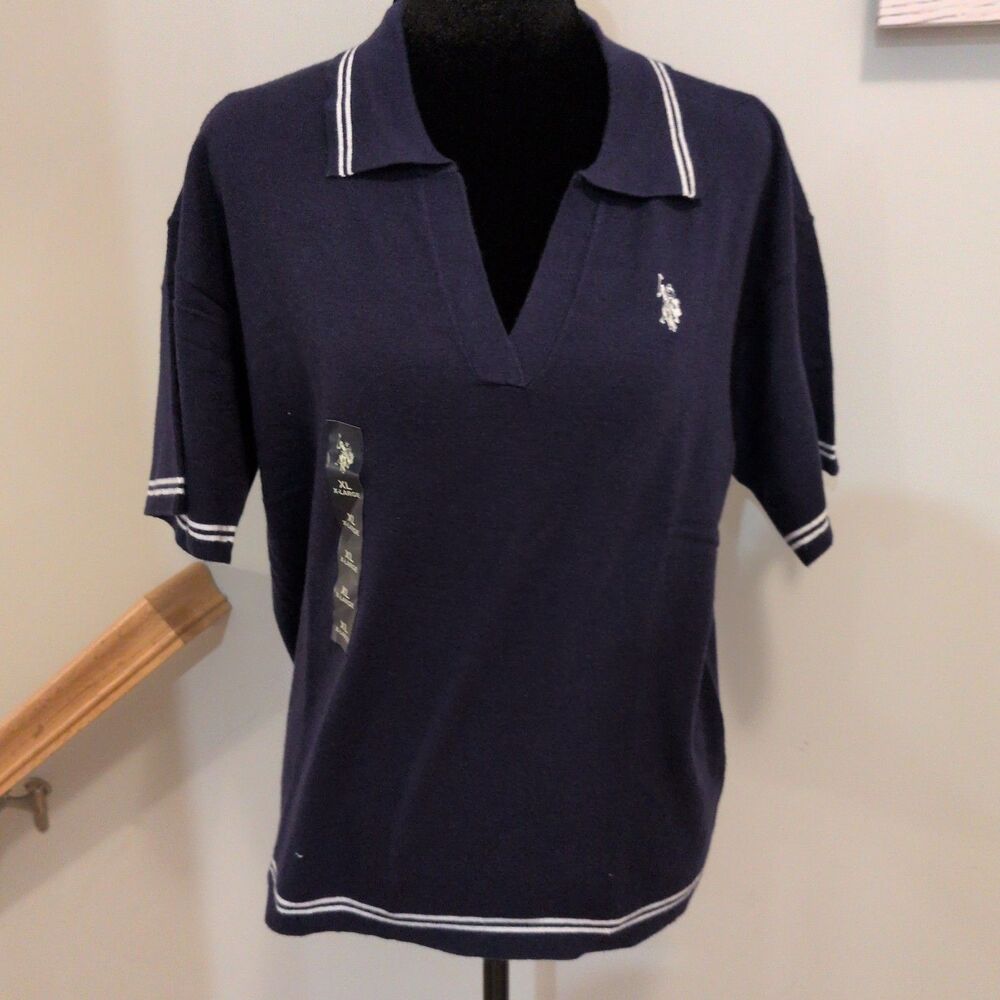 New US Polo Assn Women Skipper Collar Polo Shirt Navy Blue Tipped Knit Top XL